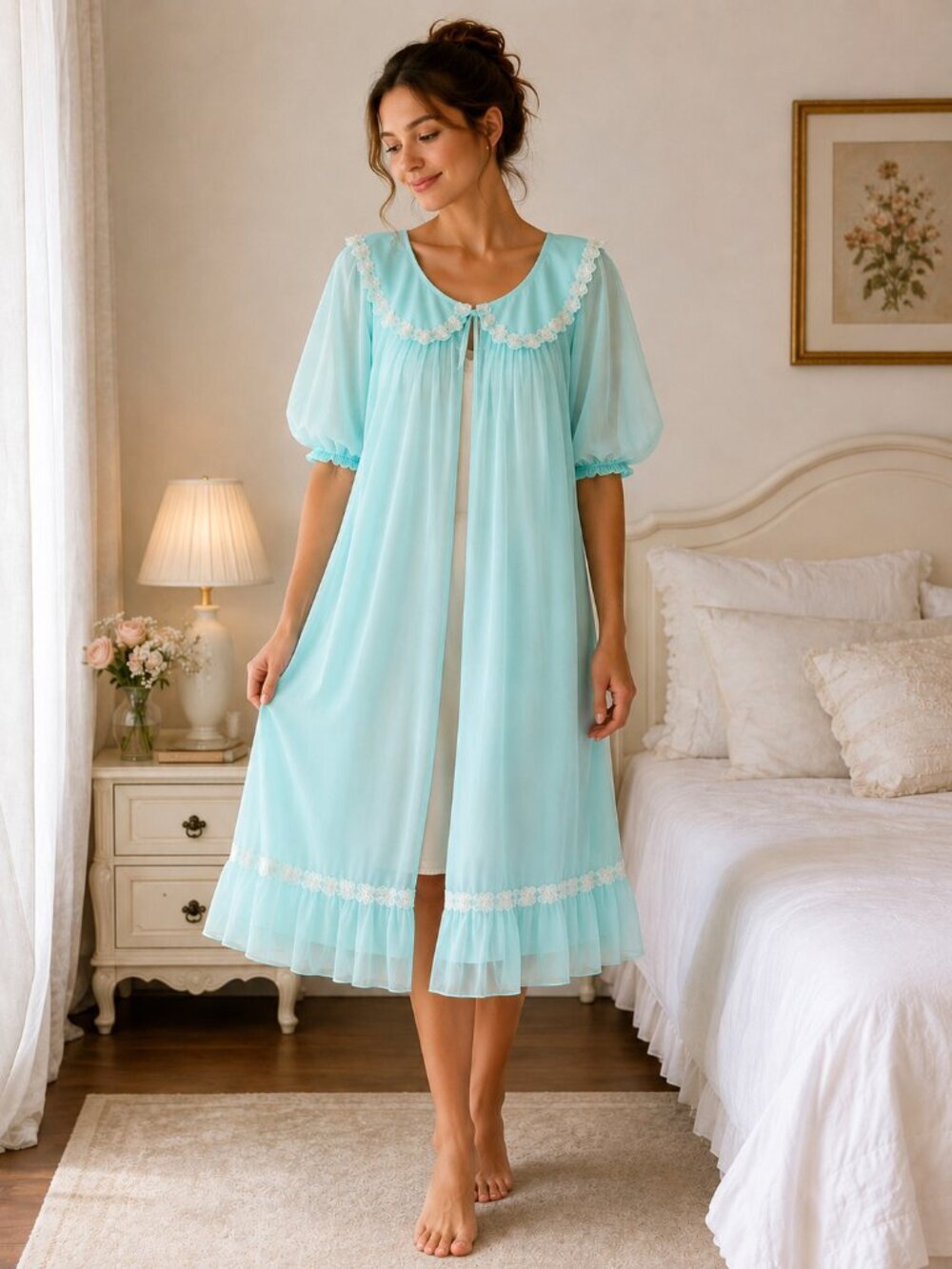 Vintage Dorsay Blue Turquoise Sheer Baby Doll Sleep Robe S